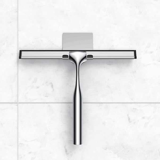 Stainless Steel Squeegee for Shower Glass Doors, 10-Inch All-Purpose Squeegee with Replacement Blade and Matching Hooks Holder, Silver