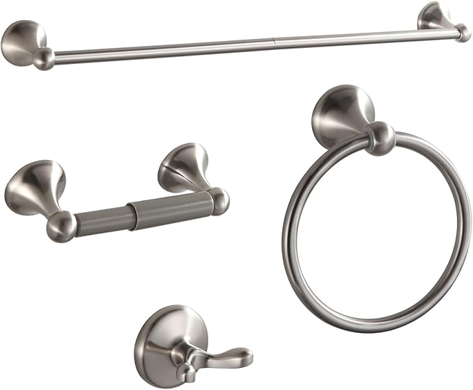 BGL Bathroom Accessories Set, Glossy Satin Nickel Expandable Towel Bar, 4-Piece Bathroom Accessory Set Wall Mounted, Towel Ring, Robe Hook, Toilet Paper Holder, Towel Holder