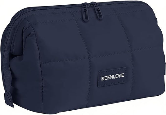 Makeup Bag Travel Toiletry Bag - Cute Make Up Bag, Waterproof Cosmetic Bag with Multiple Compartments, Wide-open Makeup Pouch for Cosmetics, Toiletries, and Travel Essentials, Navy Blue