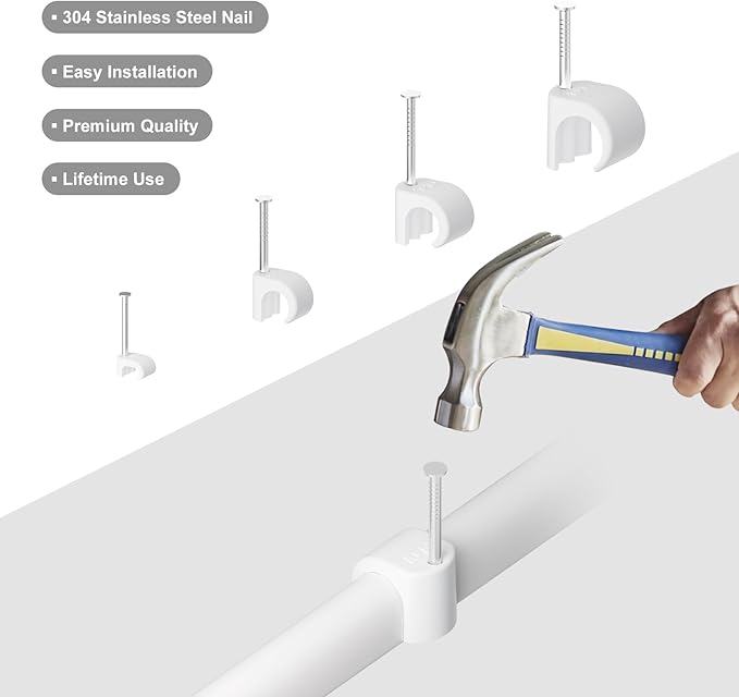 White Cable Clips Pack of 200, Heavy-Duty Nail in Wire Clips, 304 Stainless Steel, UV and Weather Resistant, Cable Wire Management for Phone and Ethernet Wire, Power Cords, Tube