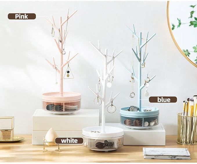Branch Jewelry Rack With Rotatable Base and Storage Box Tree Tower Rack Hanging Organizer for Ring Earrings Necklace Bracelet,Suitable for living rooms, bathrooms,offices,etc.