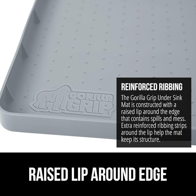 GORILLA GRIP Waterproof Silicone Under Sink Mat with Raised Lip for Kitchen and Bathroom, 31 x 22 in, Cabinet Shelf Liner Stay in Place Mats Dishwasher Safe Drawer Liner, Organizer Tray, Light Grey