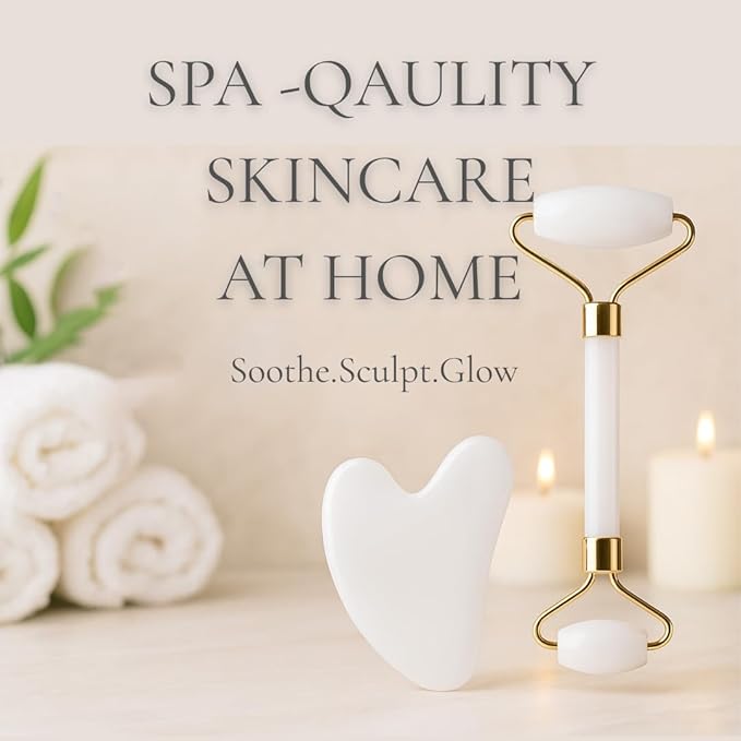 Gua Sha Facial Tool and Jade Roller Set –Anti-Aging Tools for Lymphatic Drainage, Puffiness, Wrinkles, and Relaxation – Skincare Tool for Face and Neck (White)