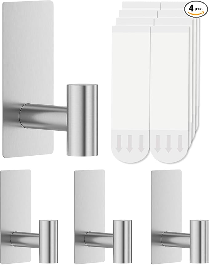 4 Pcs Towel Hooks Heavy Duty for Hanging，Adhesive Wall Hooks with Removable Strips，Sticky No Damage，Outdoor for Bathrooms，Shower，Stockings，Decor，Robe，Large，Silver 304 Stainless Steel