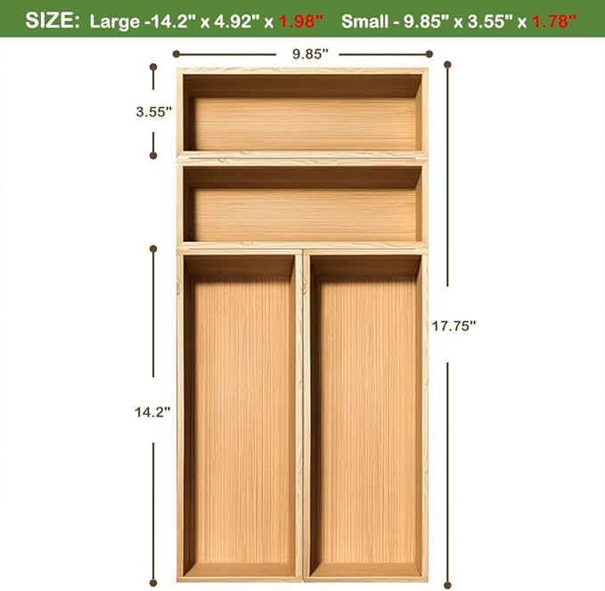 Bamboo Drawer Silverware Organizer, Flatware Organizer, Bamboo Storage Box for Office, Bathroom and other objects storage (large14.2 x5 x2 Small 9.85"x3.55"x1.78"- Set of 4)