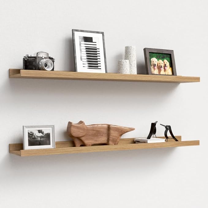 35.3 Inches Long Floating Shelves, Set of 2 Rustic Wall Shelves for Bedroom, Nursery Bookshelf with Lip, Picture Ledge Shelf for Wall Decor Living Room Bathroom Kitchen - Oak