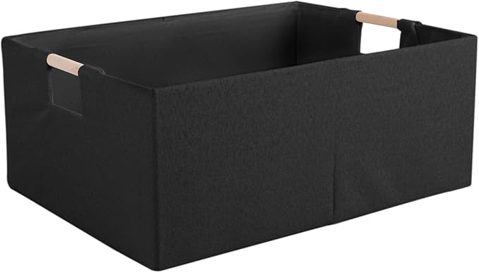 Fabric Storage Bin Box Foldable Cotton Linen Storage Basket with Wooden Handles Rectangular Cube Decorative Home Laundry Organizer Clothes Blanket Container – Black, Large