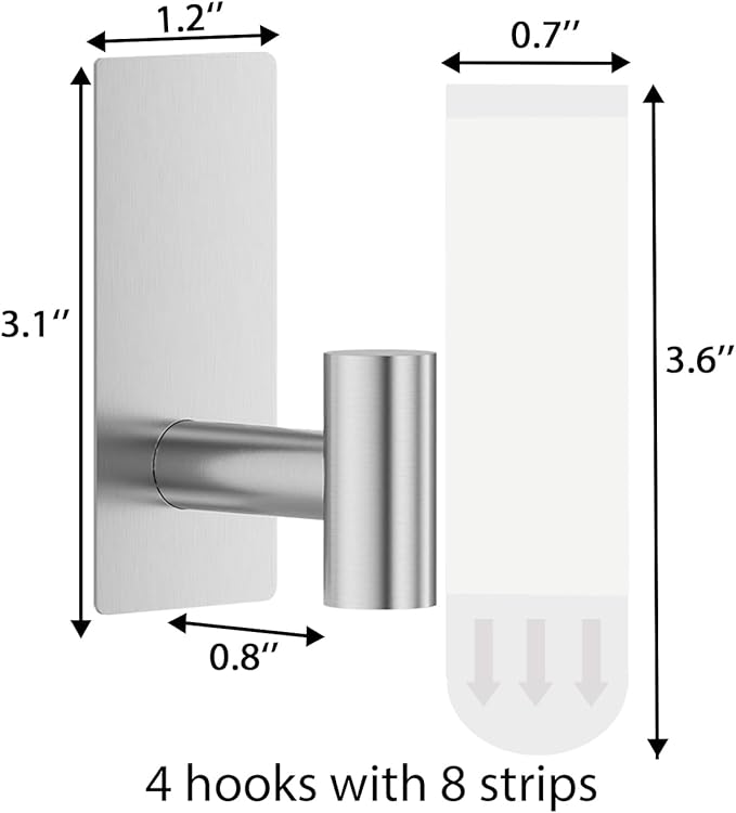 4 Pcs Towel Hooks Heavy Duty for Hanging，Adhesive Wall Hooks with Removable Strips，Sticky No Damage，Outdoor for Bathrooms，Shower，Stockings，Decor，Robe，Large，Silver 304 Stainless Steel