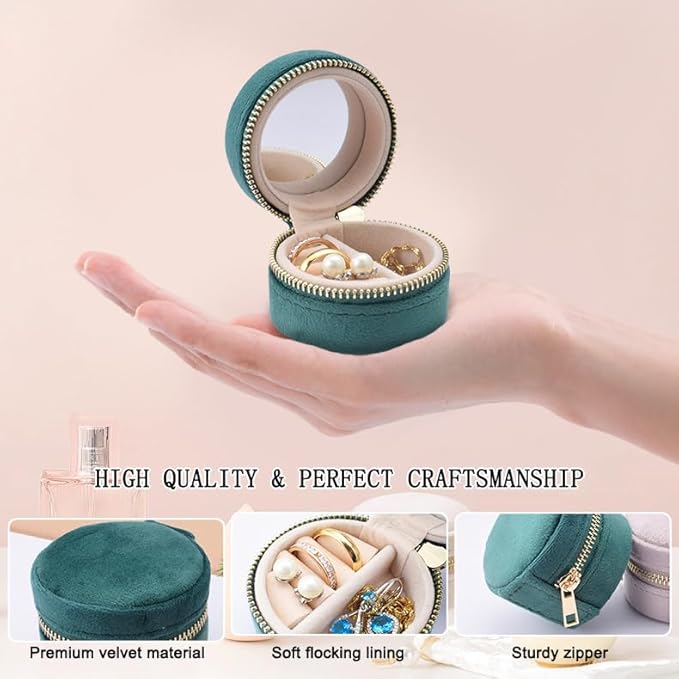 Travel Ring Box with Mirror, Velvet Lined Jewelry Organizer for Women - Mini Portable Case for Engagement, Wedding Band, Earrings,Necklaces | Bridesmaid Proposal Gift (Green)