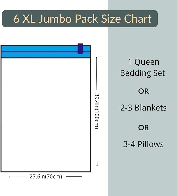 6 XL Jumbo Vacuum Storage Bags with Pump, Extra Large Compression Space Saver for Comforter, Duvet, Blanket, Bedding Storage, Vacuum Seal Bags for Clothing, Luggage Closet Organizer