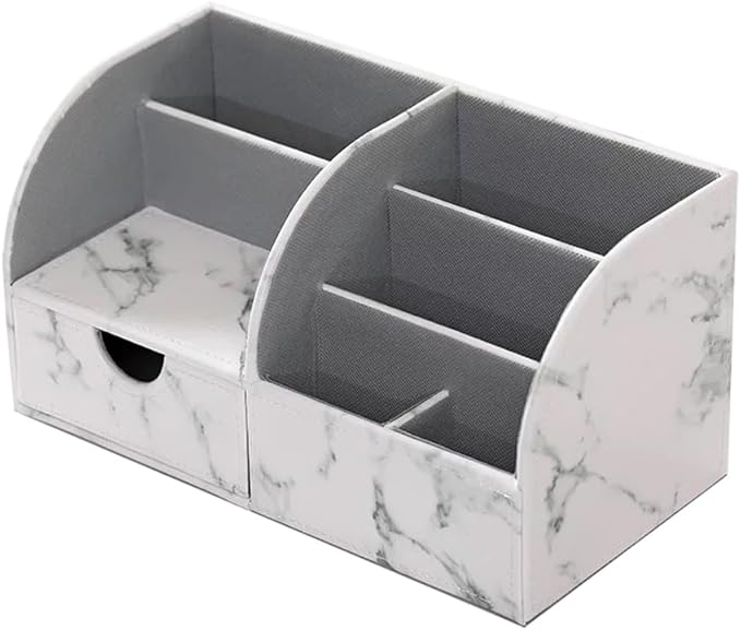 UnionBasic Desk Organizer, Multi-functional Leather Desktop Office Organizer, Pen Holder - Business Card/Pen/Pencil/Mobile Phone/Stationery Holder Storage Box, Marble White