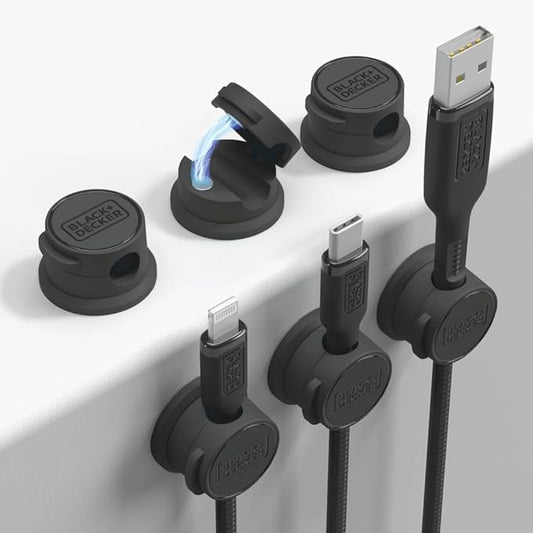 BLACK+DECKER Magnetic Cord Organizer Holder, 6 Pack Magnetic Cable Clips, Under Desk Cable Management, Strong Adhesive Cord Holder for Nightstand Kitchen Appliances Car Wall Office (Black)