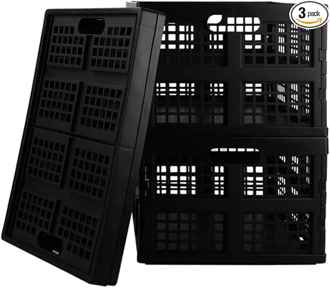 Lesbin 3-Pack Plastic Collapsible Storage Crate, 30 L Folding Storage Baskets, Black