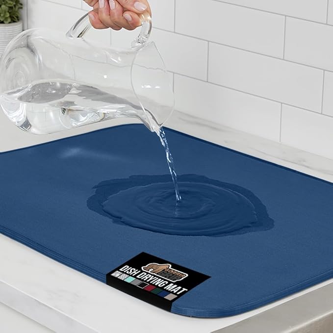 GORILLA GRIP Ultra Water Absorbent Microfiber Dish Drying Mat, 18x32, Quick Dry Thick Mesh, Slip Resistant Pad for Sink Dishes or Under Rack, Kitchen Counter Accessories, Machine Wash, Blue