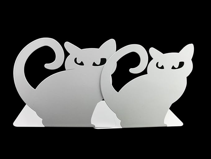 Winterworm Cute Vivid Lovely Persian Cat Nonskid Thickening Iron Metal Bookends Book Organizer for Library School Office Home Study Desk Organizer (White)