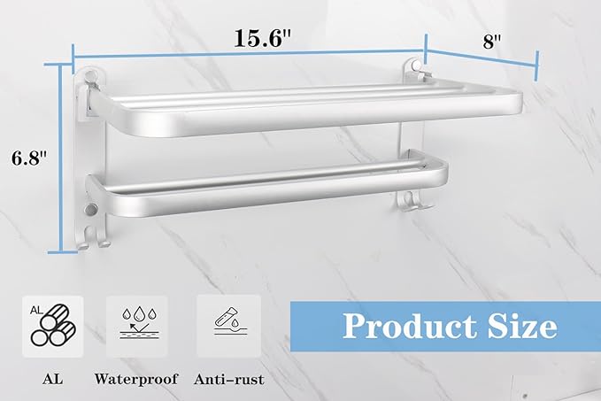 Towel Rack for Bathroom, Bath Towel Holder with Double Towel Bar and Foldable Towel Shelf, Rustproof Towel Organizer Wall Mounted Towel Storage Hanger for Bath/Balcony/Lavatory (16In Silver)