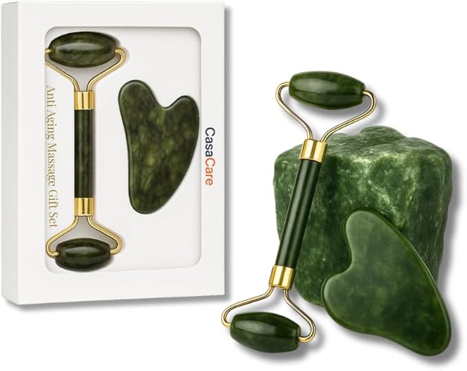 Gua Sha Facial Tool and Jade Roller Set –Anti-Aging Tools for Lymphatic Drainage, Puffiness, Wrinkles, and Relaxation – Skincare Tool for Face and Neck (Dark Green)