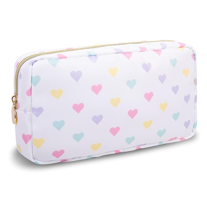Small Makeup Bag Pouch for Purse，Nylon Travel Toiletry Storage Bag Cute Makeup Organizer Bag for Women Girls，Preppy Waterproof Cosmetic Bag Pouch Skincare Bag Purse with Zipper (Small-White Heart)