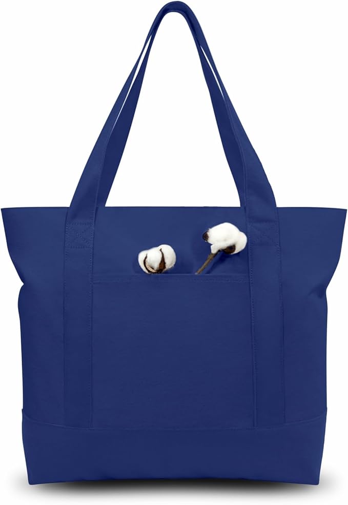 TOPDesign 6-Pack Canvas Tote Bags with an External Pocket, Reusable Grocery Shopping Bags, Top Zipper Closure, Daily Essentials (Blue)