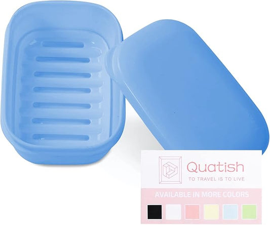 Quatish Leakproof Soap Dish with Lid & Draining Layer, Shatterproof Travel Bar Soap Holder Case Container, Portable Travel Size Toiletries Essentials for Camping, Gym, Bathroom, Denimblue