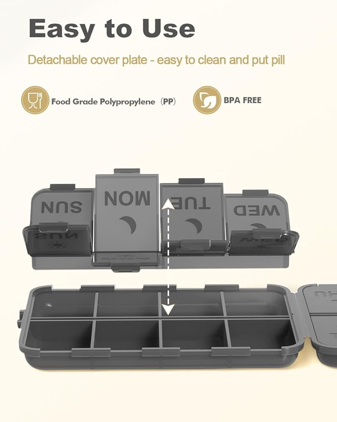 Pill Organizer Medicine Organizer Travel Essentials - Weekly Medicine Dispenser with Etched Labels, 7 Day AM PM Dispenser, Travel Pill Box, Foldable Medicine Case