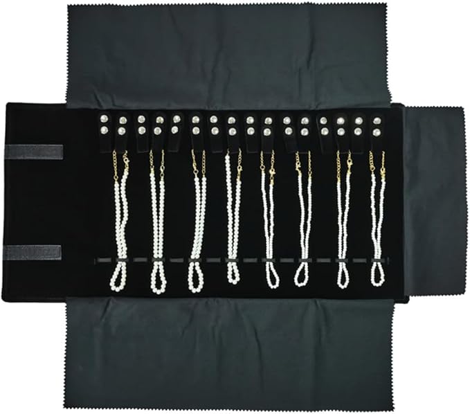 Velet Travel Jewelry Case Roll Bag Organizer for Necklace Bracelet Black Gray Velvet (Black with elastic)