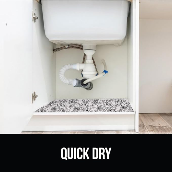 GORILLA GRIP LeakGuard Non-Adhesive Under Sink Mat for Kitchen Cabinet, Waterproof Quick Dry Shelf Liner, Durable Absorbent Felt Mats for Bathroom Sinks, Cabinets, Dresser, Easy Trim 24x30 Floral Gray