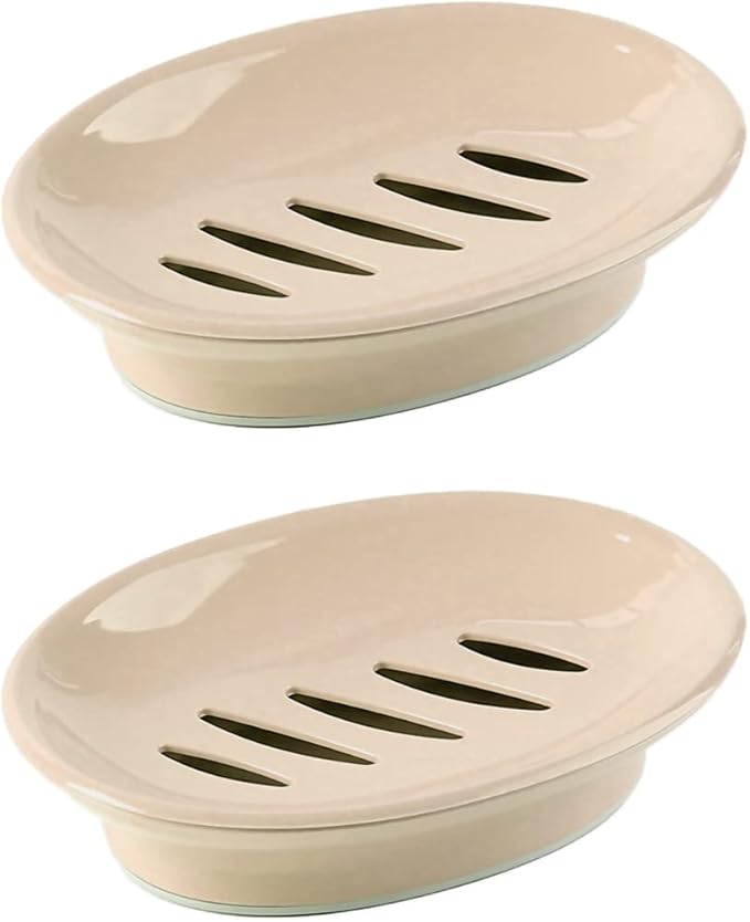 WYOK 2-Pack Soap Dish with Drain Plastic Sponge Holder Easy Cleaning Soap Saver Tray Caddy Keep Dry Stop Mushy for Shower Bathroom Kitchen(Khaki)