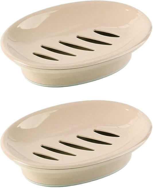 WYOK 2-Pack Soap Dish with Drain Plastic Sponge Holder Easy Cleaning Soap Saver Tray Caddy Keep Dry Stop Mushy for Shower Bathroom Kitchen(Khaki)