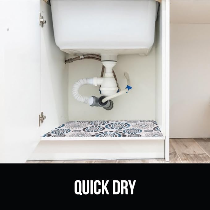 GORILLA GRIP LeakGuard Non-Adhesive Under Sink Mat for Kitchen Cabinet, Waterproof Quick Dry Shelf Liner, Durable Absorbent Felt Mats for Bathroom Sink, Cabinets, Dresser, 24x30 Spiral Gray Turquoise