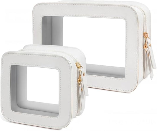 2 Pcs Travel Clear Makeup Bag Set, Clear White Makeup Organizer with Zipper Leather Travel Bags for Toiletries Small Cosmetic Bags for Women Mini Make up Pouch Toiletry Bags Car Essentials