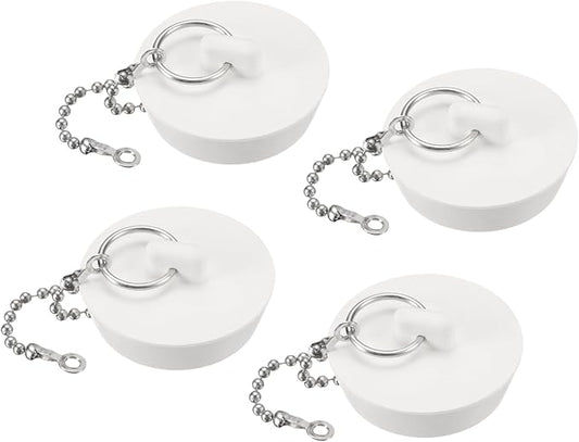 uxcell 4Pcs Rubber Drain Stopper with Chain and Hanging Ring, Bathtub Drain Plug Fits 1-5/8 Inch to 1-3/4 Inch, Rubber Sink Stopper Drain Plug for Bathtub, Kitchen and Bathroom, White