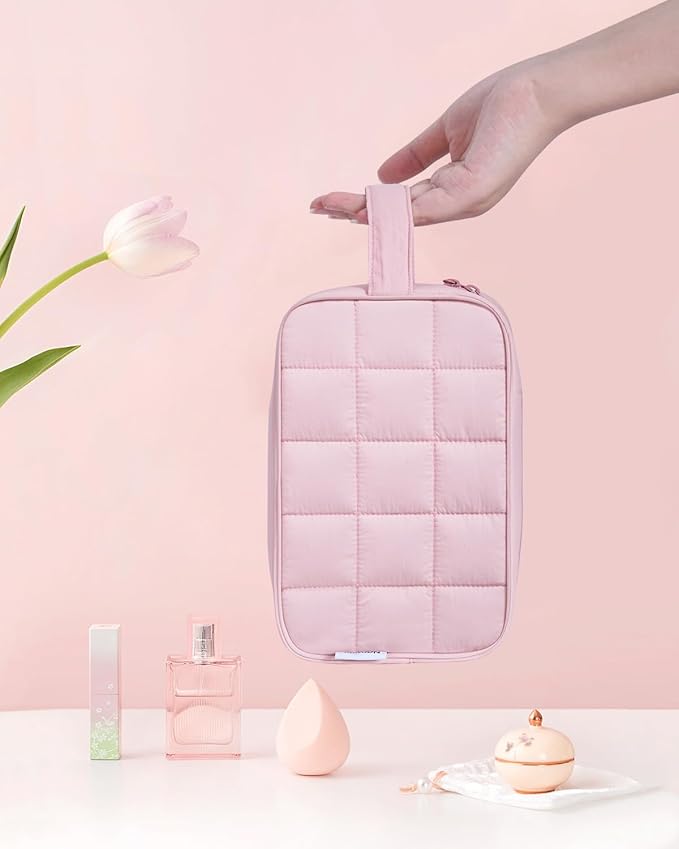 Narwey Puffy Travel Toiletry Bag for Traveling Women Girl, Travel Bag for Toiletries, Cute Travel Makeup Bag Organizer, Quilted Cosmetic Bag Make Up Skincare Medicine Bags