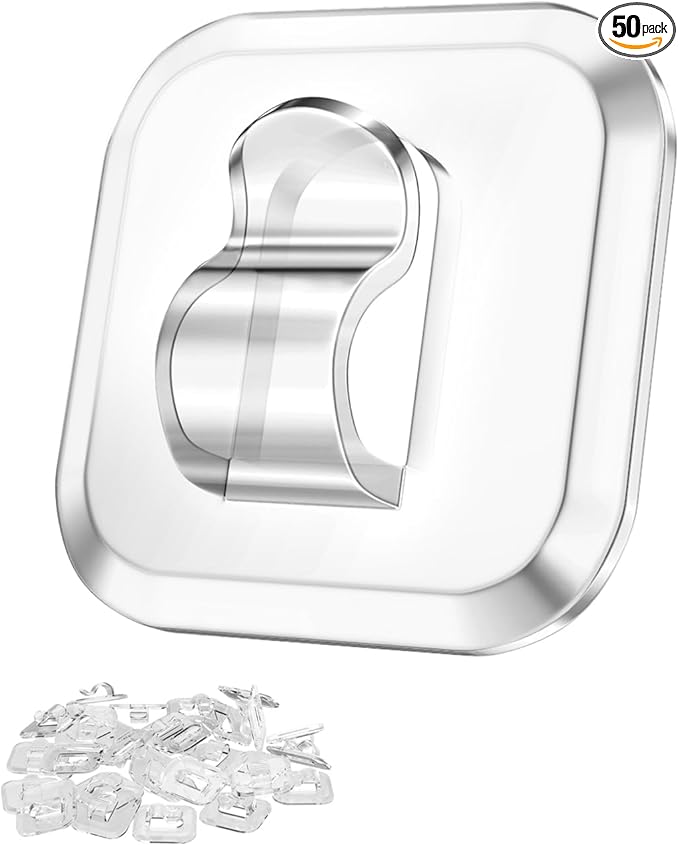 50 Mini Light Hooks with Adhesive Strips: Indoor Clear Small String Light Clips Damage Free - Plastic Wall Hook for Hanging - Fairy Tiny Christmas Light Cable Hangers Clip Decoration Decor