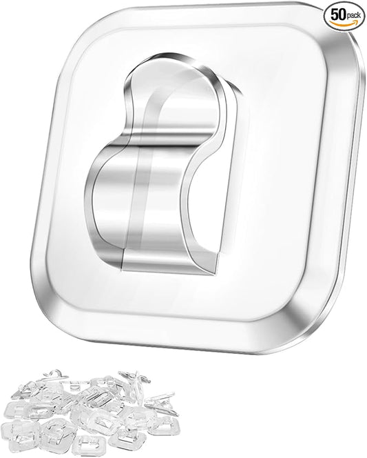 50 Mini Light Hooks with Adhesive Strips: Indoor Clear Small String Light Clips Damage Free - Plastic Wall Hook for Hanging - Fairy Tiny Christmas Light Cable Hangers Clip Decoration Decor