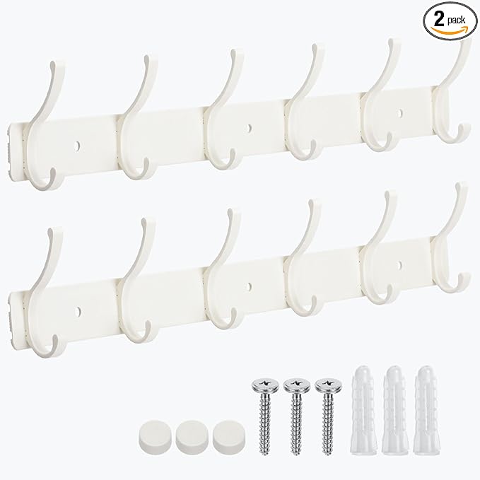 Coat Rack Wall Mount, 2 Pack Coat Hooks Hanger Wall Double Hook Rack Rail Towel Hat Rack Entryway Bathroom Hanger Organizer for Robes, Clothes, Bags, Hat(White)