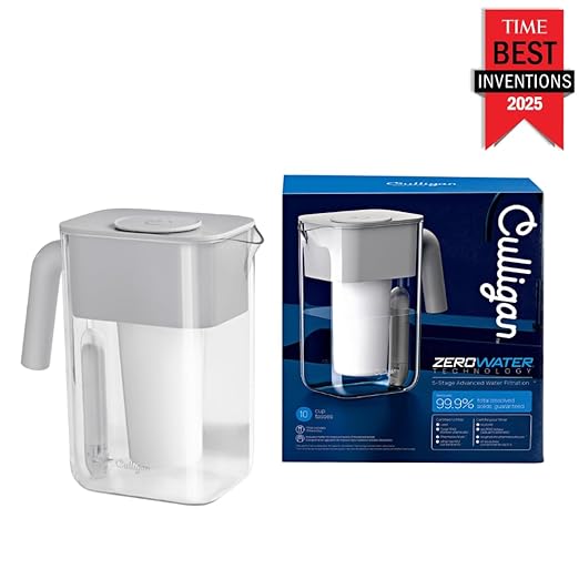 Culligan with ZeroWater Technology 10-Cup Water Filter Pitcher – Includes 5-Stage Advanced Water Filter, IAPMO Certified to Reduce Lead, Total PFAS (Forever Chemicals), Mercury, Fluoride, and Chlorine