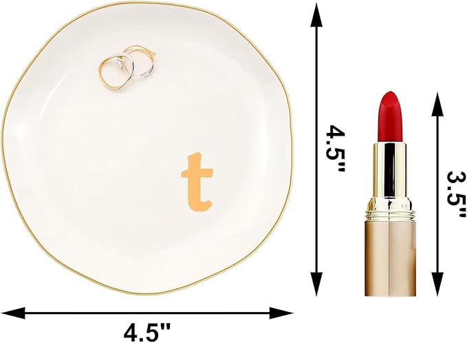 Ceramic Jewelry Dish with Personalized Monogram, White Decorative Ring Trinket Tray, Engagement Wedding Gift for Women Mom Friend, Letter t