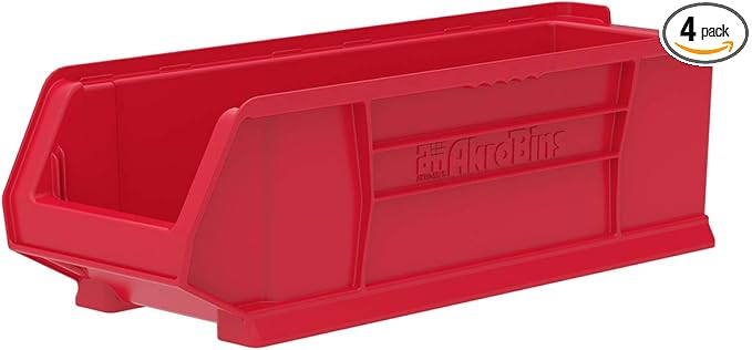 Akro-Mils 30284 Super-Size AkroBins Plastic Storage Bins, Space-Saving Stackable Bins for Garage, Classroom, Warehouse Organization, 24-Inch L x 8-Inch W x 7-Inch H, Red, 4-Pack