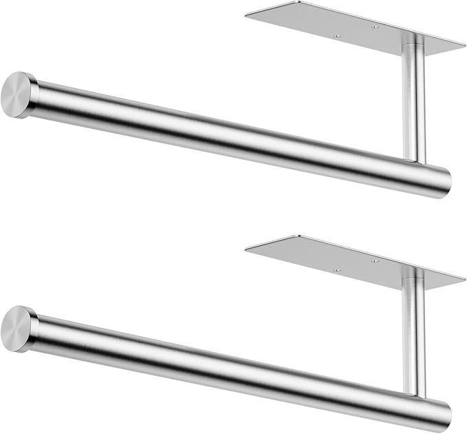Paper Towel Holder Under Cabinet, Self-Adhesive,No Drilling, Stainless Steel, Wall-Mounted for Kitchen and Bathroom, Easy Install, Durable, Space-Saving, Ideal for Home, RV (Sliver, 2 Pack)
