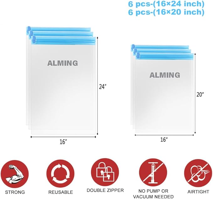 Compression Bags - Travel Essentials 12 Pack Space Saver No Vacuum or Pump Needed Storage Accessorie and Home Packing Organizers (transparent)