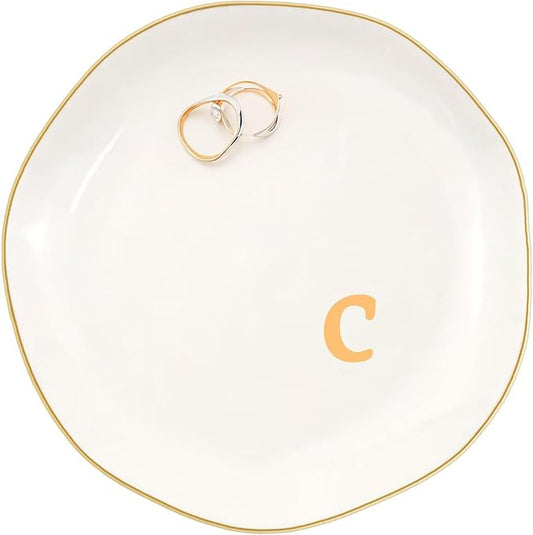 Ceramic Jewelry Dish with Personalized Monogram, White Decorative Ring Trinket Tray, Engagement Wedding Gift for Women Mom Friend, Letter c