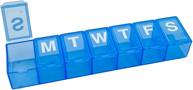 Amazon Basic Care Weekly Pill Organizer, 7-Day, Medium Compartments, Medicine Box, Blue
