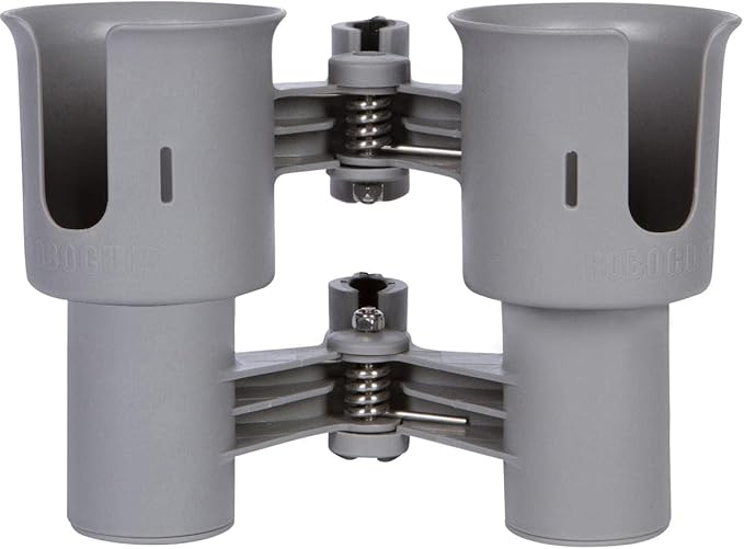 ROBOCUP, (Gray), Patented Clamp On Boat Cup Holder |Multifunction Dual Drink Caddy for Fishing Poles, Tools, Net, Gaff |Portable Storage for Boating, Beach, Umbrellas, Golf Carts, Strollers