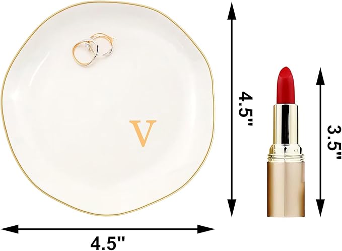 Ceramic Jewelry Dish with Personalized Monogram, White Decorative Ring Trinket Tray, Engagement Wedding Gift for Women Mom Friend, Letter v