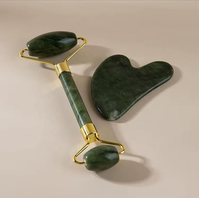 Gua Sha Facial Tool and Jade Roller Set –Anti-Aging Tools for Lymphatic Drainage, Puffiness, Wrinkles, and Relaxation – Skincare Tool for Face and Neck (Dark Green)