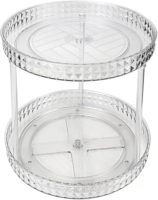 2 Tier Clear Lazy Susan Organizer for Fridge and Cabinet, 360° Rotating Makeup Organizer, Cosmetic Display Cases, Under Sink Turntable Organizer for Kitchen Bathroom Dorm