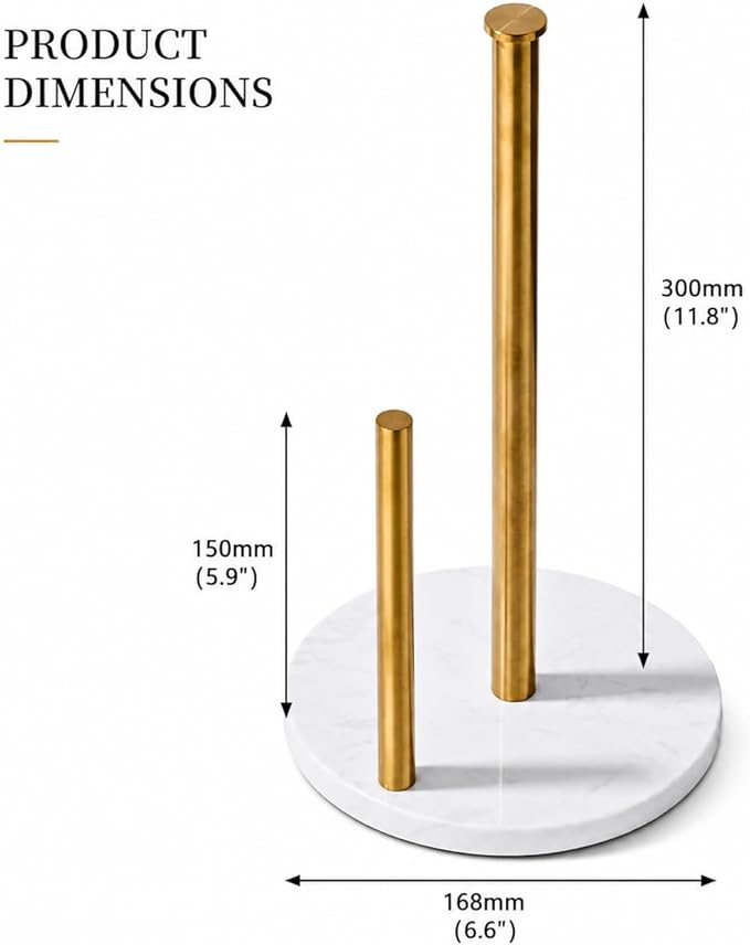 Brushed Gold Paper Towel Holder,Stainless Steel Paper Towel Holder for Kitchen Roll Organize, Standard or Jumbo-Sized Roll Paper, Countertop Roll Dispenser with Marble Base