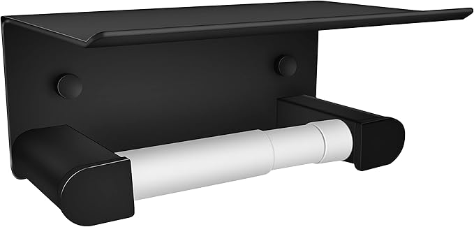 D&Joy Bathroom Toilet Paper Holder, Matte Black Adhesive or Screw Wall Mounted Tissue Holder with Shelf, Aluminum Toilet Roll Holder with Spring Loaded Roller for Bathroom Kitchen
