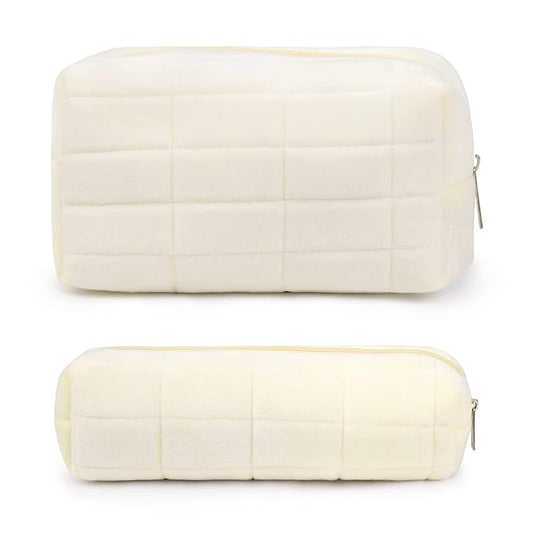 SOIDRAM Makeup Bag Checkered Cosmetic Bag Plush White Makeup Pouch 1Pcs Large Capacity Makeup Bags and 1Pcs Makeup Brushes Storage Bag Travel Toiletry Bag Organizer
